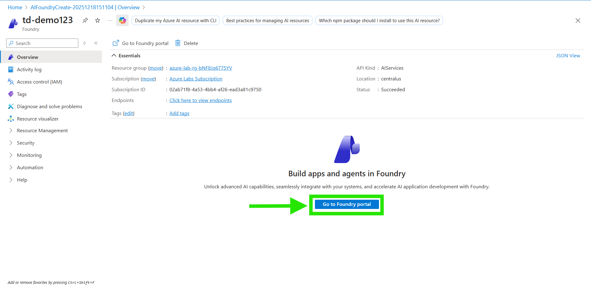Guided Lab: Deploy and Access Microsoft Foundry (formerly Azure AI ...