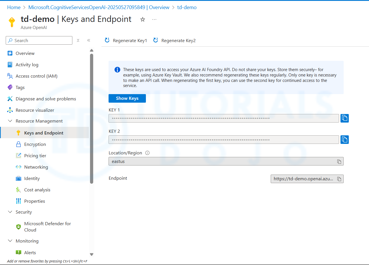Azure OpenAI - Keys and Endpoint